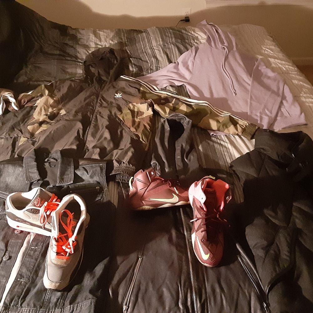 3 vests, adidas windbreaker,hoodie, 2 pr sneakers